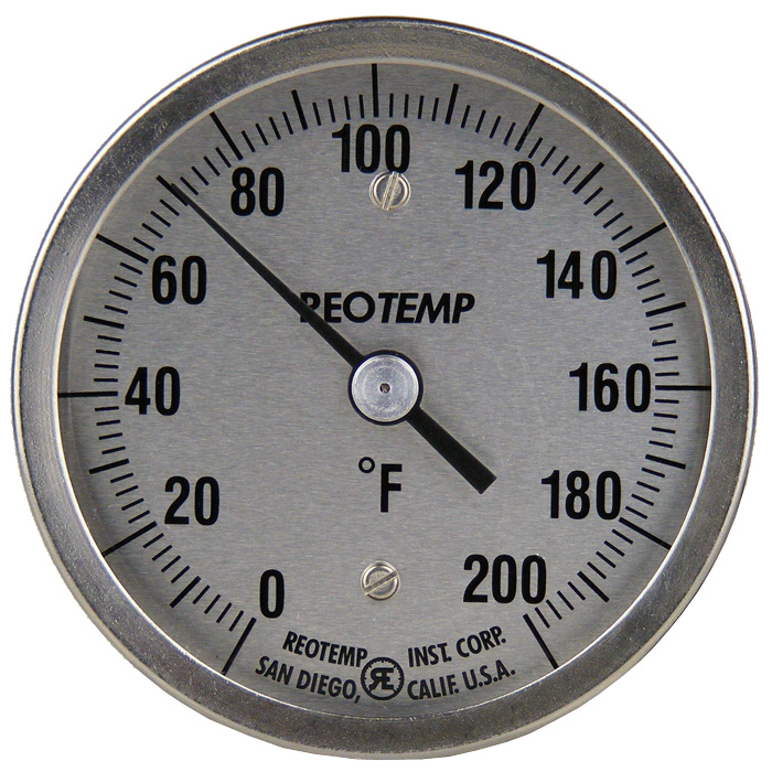 3 Dial 0 to 200 Degrees F Back Mount 2-1/2 Stem REOTEMP AA025CF43 Stainless Steel 3A Sanitary Bi Metal Thermometer 