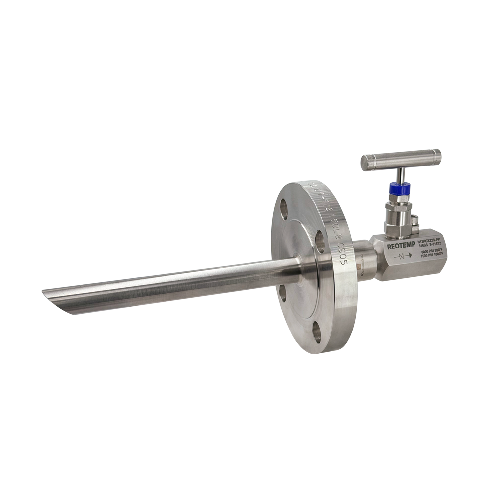 Reotemp injection quill and sample probe with flanged process connection and needle isolation valve